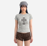 ストレッチ コットン スリム ショートスリーブ Tシャツ クロス メランジェ
