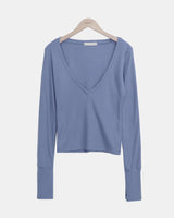 Poin Deep V-Neck Button-Sleeve Long-Sleeve T-Shirt