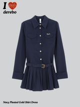 Navy Pleats Gold Shirt Wedding Guest Dress