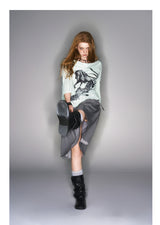 2025 Spring/Summer New Printed Mint Green Swing Neck Loose Top