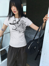 ドゥードゥルタトゥープリンティングスリムショートスリーブTシャツ