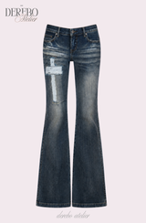 Cross-washed long semi-bootcut denim