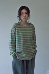 STRIPE BINDING-NECK BOX TEE (Sage Green)