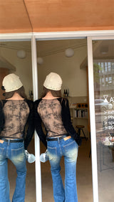 バックシースルーレース長袖Tシャツ