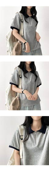ポナカラーリングセミジップアップカラー半袖Tシャツ