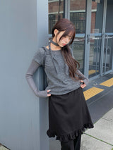 [Muffler Set/Fake Layered] Chad Stripe Layered Short Sleeve Knit T-Shirt Set