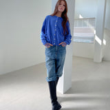 Loose Fit  Round Neck Knit Cardigan _Blue