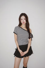 エッジ アンバランス ショルダー ストライプ 半袖 Tシャツ