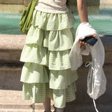 Bebe Waist-Banded Frill Check Tiered Long Skirt (4 Colors)