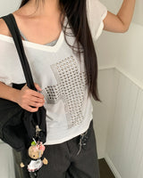 チェッキングクロススタッドシースルーVネックショートスリーブTシャツ