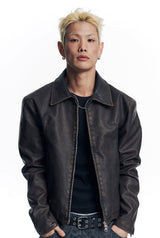 Washed Leather Crop Jacket - Brown