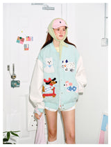 Preppy Accent Mint Cartoon Embroidered Varsity Jacket