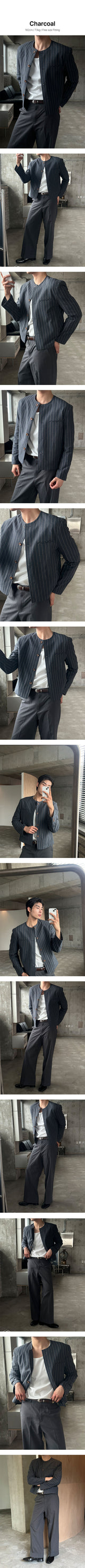 Pin stripe collarless crop jacket(2color)