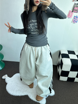 SHEEP FLEECE 🐑🧸 SNAP TRACK 3 LINE PARACHUTE LONG WIDE PANTS 🩶🖤 2COLOR