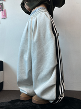SHEEP FLEECE 🐑🧸 SNAP TRACK 3 LINE PARACHUTE LONG WIDE PANTS 🩶🖤 2COLOR