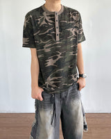 Camouflage Henley Neck Short Sleeved T-shirt