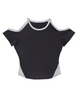 ポリエステルオフショルダークロップトップ / Polyester Off-Shoulder Crop Top (Navy)