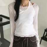 Nowell heart cutting see-through tencel wave u-neck long sleeve t-shirt