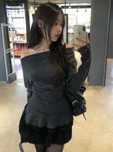 Mulder Off-Shoulder Unbalanced Shirring Frill Knit