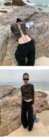 Camo plage back strap long-sleeve zip-up T-shirt