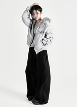 Raccoon Fur Letter Hood Zip-Up