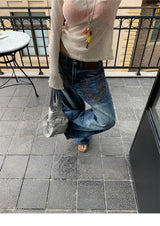 Pocket Embroidery ストレートロングデニムパンツ
