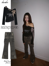 Leopard Scarf Unbalanced Off-Shoulder Long-Sleeved T-Shirt