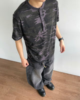 Camouflage Henley Neck Short Sleeved T-shirt