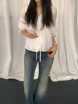 Russell Puff-Sleeve Shirred Blouse