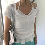 Somi Round Neck / U-Neck Button Cap Sleeve Short Sleeve T-Shirt (3 Colors)