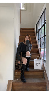 Wool charcoal oversized knit pants two-piece set