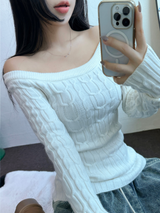 オフショルダーツイードスリンロングニット 🩶🤍🖤3カラー