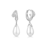 silver sparkle duet shell pearl drop hoop rhodium plating + 925 silver earrings E069-09H