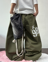 HIGH QUALITY 🐣 KOREAN / STRING 🤎 HIGHTEEN TEENAGER TATTOO LETTERING COTTON WIDE BALLOON LONG PANTS 🐣🤎🖤🩶💚 - 5 COLORS