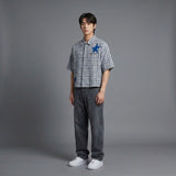 Light Blue Crop Short Sleeve Check Shirt
