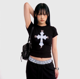 Stretch Cotton Slim Short Sleeve T-shirt Cross Black
