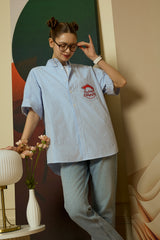 Blue Stripe Pocket short-sleeved Shirt [Unisex]