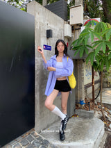 Blue check turban pocket loose fit shirt