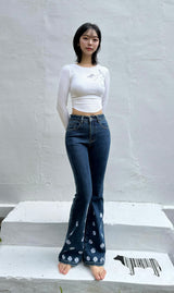 DARK BLUE EMBROIDERED SPANDEX BOOTCUT DENIM PANTS code 18315