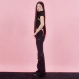 ROSE PATCH BOOT-CUT PANTS [BLACK]