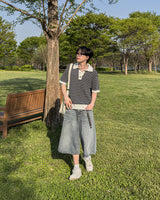 Windy Buckle Stripe Collar Short Sleeve Knit