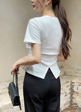 Linda Round-Neck Shirred Slit Short Sleeve T-Shirt