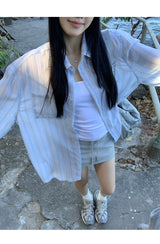 blue striped sun-cut loose-fit shirt