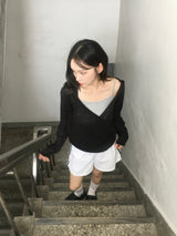 Wrap loose fit shirring hooded knit (4c)