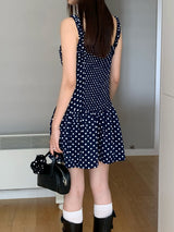 Navy Dotted Square Neck Flared Dress