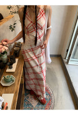 Red checkered V-neck sleeveless long dress