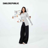 Gray Polyester Blend Ribbed Knit Embroidered Logo Fitted Button-Front Collared Cardigan for Women