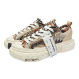 Beige Multicolor Frayed Textile Chunky Sneakers, Unisex Low Top Lace Up Shoes
