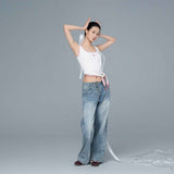 White Ribbed Contrast-Stitch Asymmetric Tie-Hem Tank Top with Butterfly Embroidery