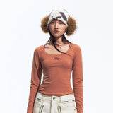 ブラウングレー スリムフィット ナイロン スパンデックス 長袖トップ レディース